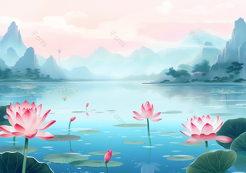 唯美中国风意境插画夏季山水荷花池背景,插画/手绘图,插画/手绘图库,插画/手绘图下载,插画/手绘